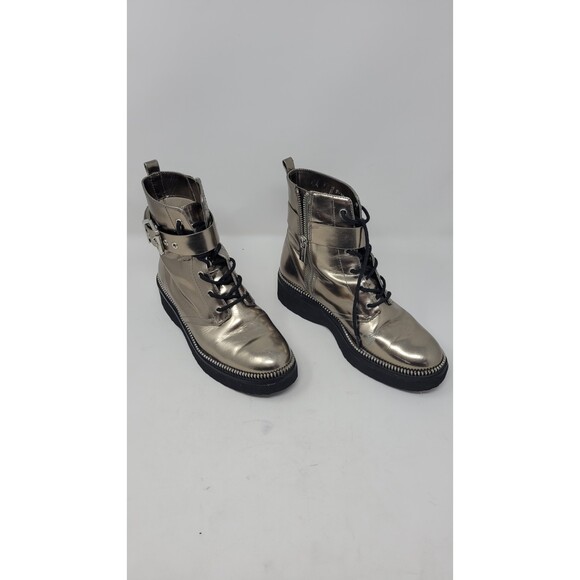 Women's Michael Kors Vivia Nickle Metallic Buckle Lace Leather Combat Boot - Picture 4 of 10